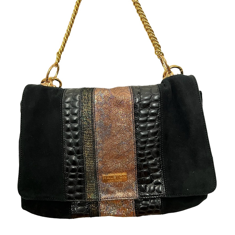 HALSTON black suede handbag with customizable gold chain hardware